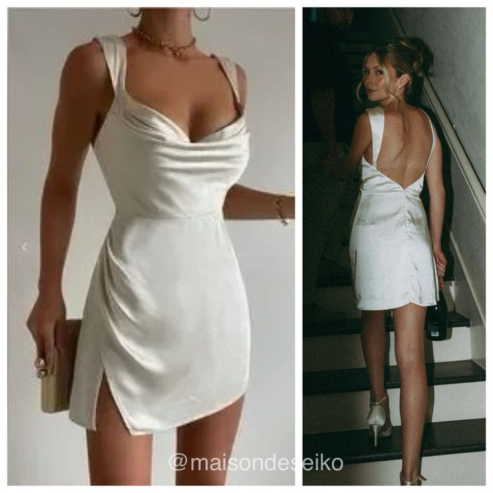 Elegant White Satin Mini Dress with Draped Neckline